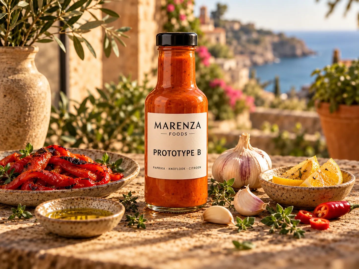 Conceptbeeld van Marenza Prototype B: een paprikasaus met geroosterde paprika, knoflook en ingemaakte citroen op een mediterrane tafel